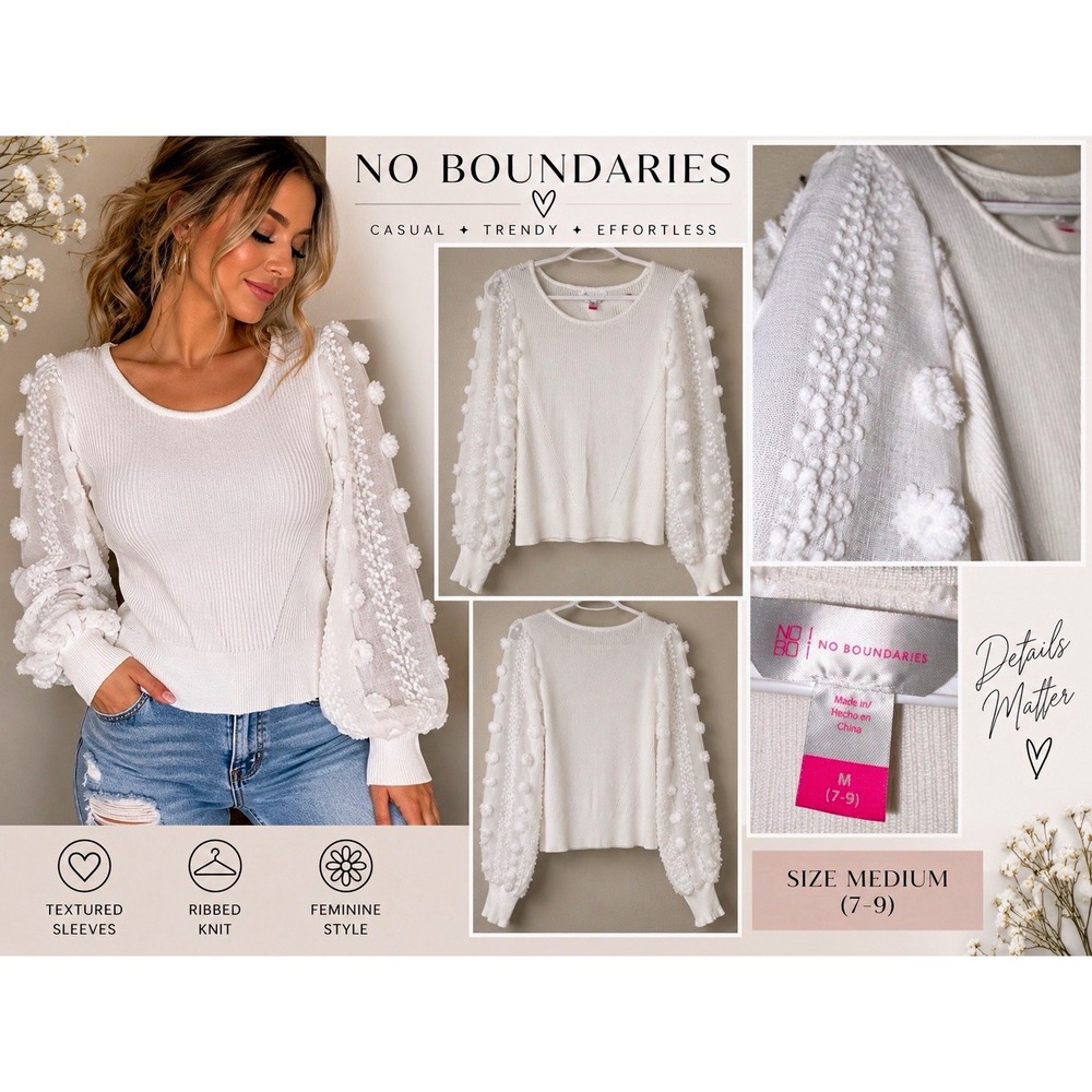 No Boundaries White Ribbed Knit Pullover Sweater Scoop Neck Puff Sleeve M